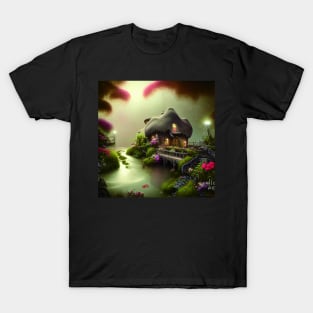 Sparkling Fantasy Cottage with Lights and Glitter Background in Forest, Scenery Nature T-Shirt